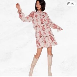 Nasty Gal Red Floral Long Sleeve Dress ruffle